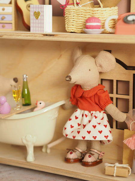 Red Top and Heart Print Skirt - Maileg Little Sister