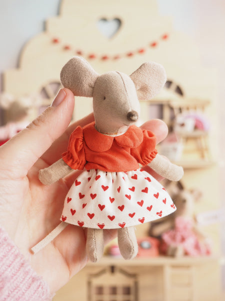 Red Top and Heart Print Skirt - Maileg Little Sister