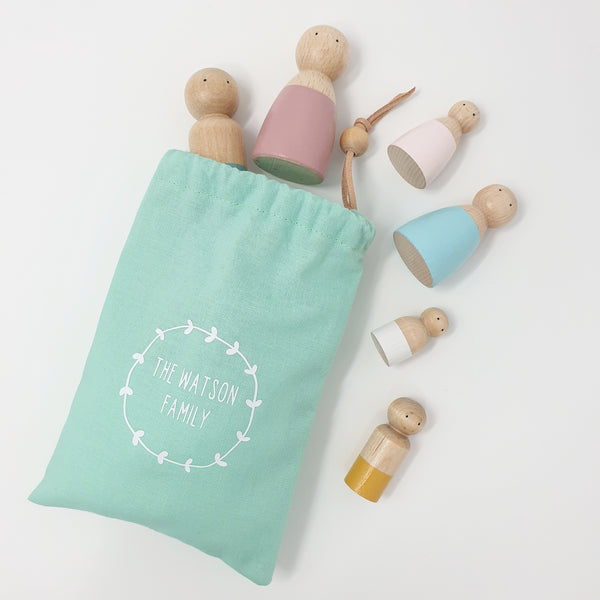 Peg Doll Family with Personalised Bag