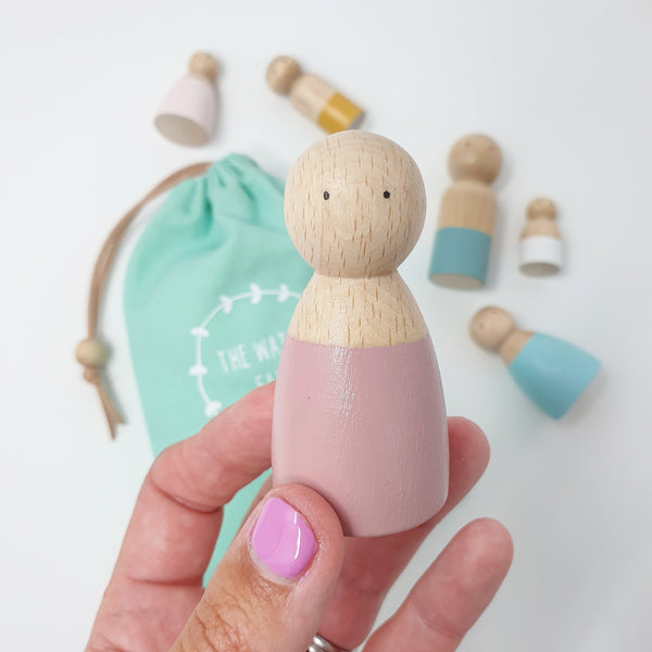 Peg Doll Family with Personalised Bag